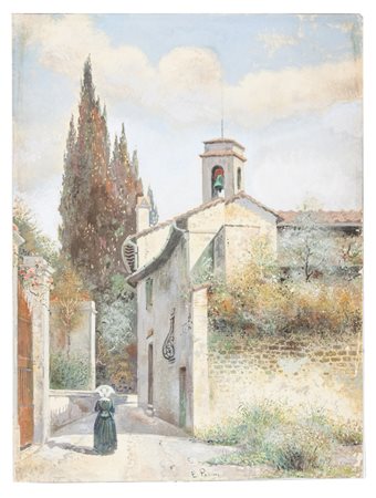 Emilio Papini Via di San Vito. Tempera su carta. mm 320x410. Firmato in basso...