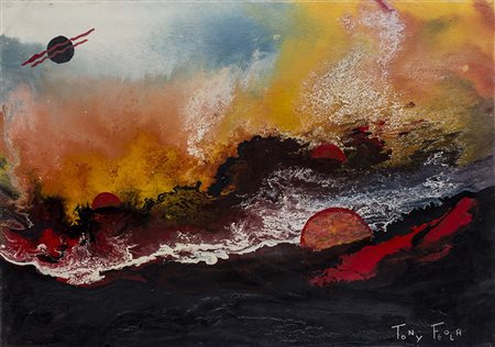 TONY FEOLA Tempesta di fuoco nel cosmo Tecnica mista e olio su tela Cm 50x70...