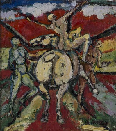 ALDO GRECO (1923) Cavalcata, 1970 Olio su tavola Cm 23x20,4 Firma al fronte...