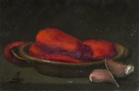 SILVIO FEDELE Pomodori nel tegame, 1983 Olio su tavola Cm 10x15 Monogramma...